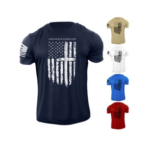 Men&#39;s One Nation Under God USA Flag T Shirt American Patriotic 100% Cotton