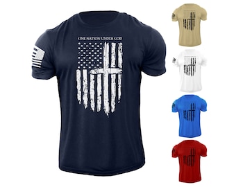 Men&#39;s One Nation Under God USA Flag T Shirt American Patriotic 100% Cotton