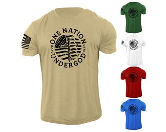 Men's One GOD One Nation Cross USA Flag T Shirt American Patriotic 100% Cotton