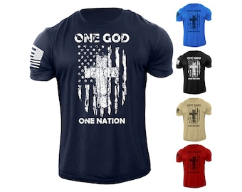 Men's One GOD One Nation Cross USA Flag T Shirt American Patriotic 100% Cotton