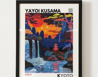 May include: A framed print of a colorful, abstract landscape by Yayoi Kusama. The print features a waterfall, a pagoda, and a red moon in a vibrant, psychedelic style. The text "Yayoi Kusama" and "Kyoto 1969" is printed at the bottom of the print.