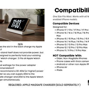May include: A white charging stand with a gold-framed phone displaying the time 11:03. The stand is designed to hold an Apple Watch charger. The image also includes compatibility information for various iPhone models.