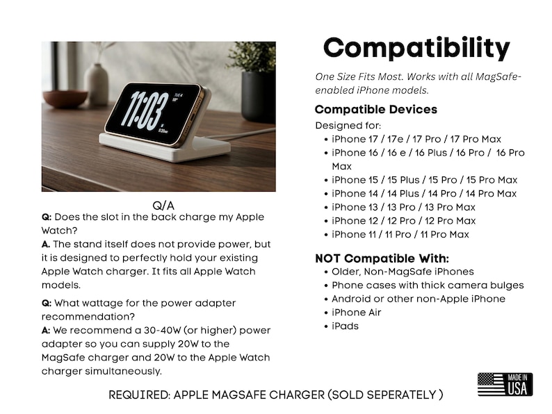 May include: A white charging stand with a gold-framed phone displaying the time 11:03. The stand is designed to hold an Apple Watch charger. The image also includes compatibility information for various iPhone models.
