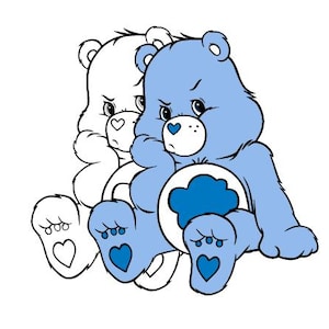 May include: A light blue cartoon bear with a grumpy expression, featuring a dark blue cloud symbol on its belly and a heart-shaped patch on its foot, positioned in front of a black and white line art outline of the same bear character.