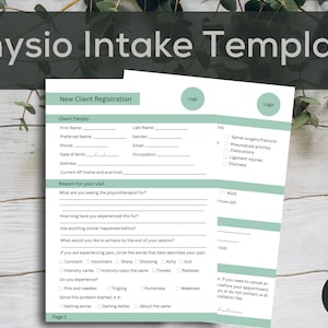 Könnte beinhalten: Eine druckbare Physiotherapie-Aufnahmeformularvorlage in Grün und Weiß mit dem Titel "Physio Intake Template" und dem Text "New Client Registration" und "Client Details". Das Formular enthält Abschnitte für Kundeninformationen, Grund für den Besuch und Schmerzbewertung.