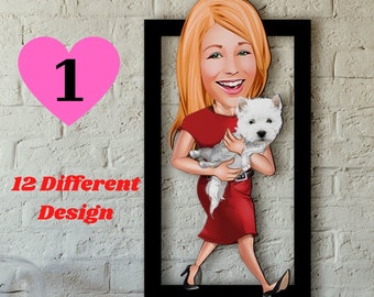 Custom Cartoon Pet Portrait | Pet Remembrance Gift Caricature Personelized From Photo | Couples Portrait With Pet | Remember Your Pet