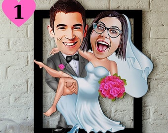 Wedding Gift, Custom Married Couple Cartoon Wooden Wall Art, Caricature Portrait, Married Couple, Couples Portrait, Anniversary Gift