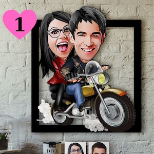 Motorfiets aangepaste cartoon, paar karikatuur gepersonaliseerd, 3D-karikatuur houten muurkunst, grappig interieurcadeau, beeldje van foto