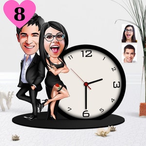 Custom Cartoon Anniversary Clock Gift For Husband | Cute Desk Clock Analog | Officiant Gift | Modern Small Wood Desk Clock, 2nd Year Present