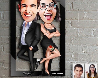 Arte de pared de moda 3d decoración del hogar marco de madera dibujos animados personalizados / caricatura familiar personalizada, retrato personalizado de la foto, regalo del 3er aniversario