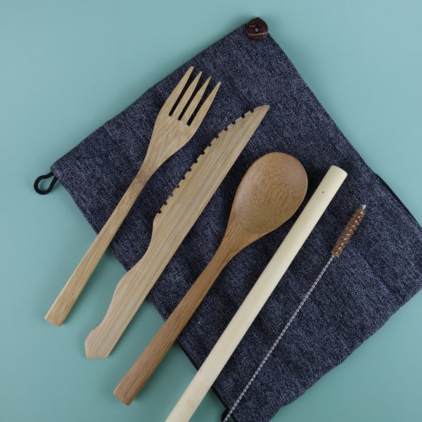 Vietnamese Reusable Bamboo Cutlery Set with Pouch (Spoon, Fork, Knife, Straw) Perfect for Picnic, Hiking, Office, Beach, Camping