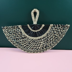 Vietnamese Seagrass Weave Fan: Black & White Boho Wall Decor