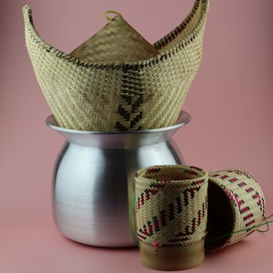Thai Lao Vietnamese Khmer Traditional Sticky Rice Steamer 5 Pieces Set for Sticky Rice Mango and Southeast Asian Food | Bamboo & Aluminum