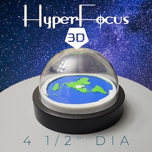 May include: A 3D printed globe of the Earth inside a clear dome, with a black base. The globe is 4 1/2 inches in diameter and features a green and blue color scheme. The text "HyperFocus 3D" is visible above the globe.