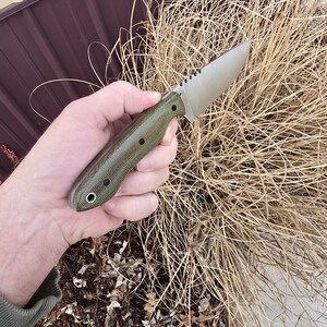 May include: A tactical knife with a silver blade and a textured, olive green handle. The blade has a serrated section near the handle. The knife is held in a hand against a backdrop of dry, brown grass.