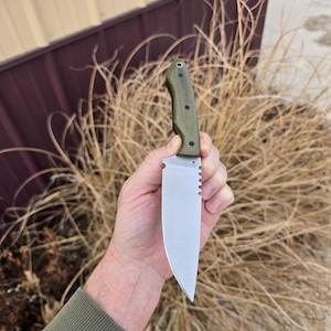 May include: A stainless steel knife with a serrated edge and a green handle. The knife is held in a hand, with the blade facing the viewer. The handle has a textured surface for grip.
