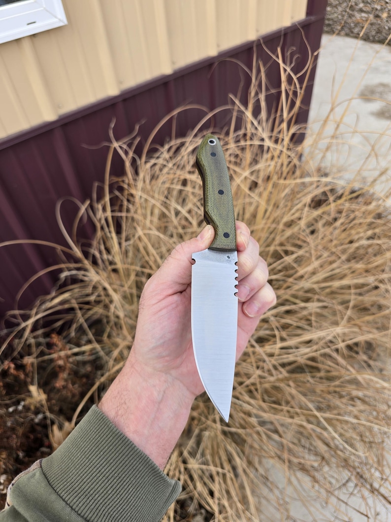 May include: A stainless steel knife with a serrated edge and a green handle. The knife is held in a hand, with the blade facing the viewer. The handle has a textured surface for grip.