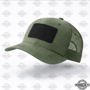 May include: Olive green trucker hat with a black patch on the front. The hat features a mesh back and a curved brim. The text "PERSONALIZE IT!" is visible on the bottom right. This hat is a great accessory for outdoor activities.