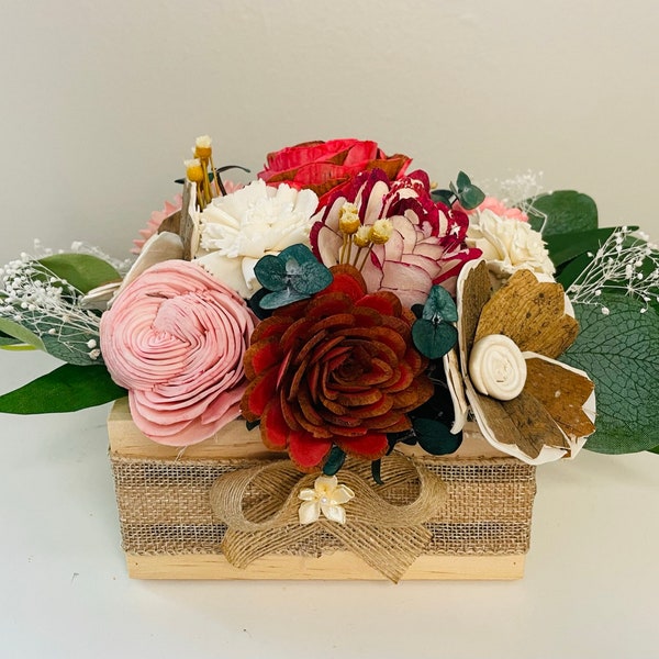 Red, Pink, and White - Mini Sola Wood Flower Arrangement, Floral Arrangement Wood Crate, Wood Flower Custom Centerpiece