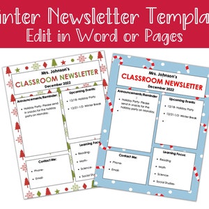 Winter Classroom Newsletter Template, Teacher Newsletter Template, Word/Pages Newsletter Template, School Newsletter