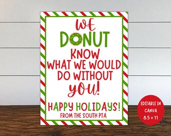 Holiday Donut Sign, Teacher Lounge Donuts, Donut Theme Thank You Sign, Donut What I would Do Without You Sign