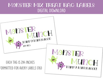 May include: Two printable labels for treat bags featuring a purple and green monster with the text "Monster Munch Happy Halloween!" Each label is 2x4 inches and formatted for Avery labels 5163.