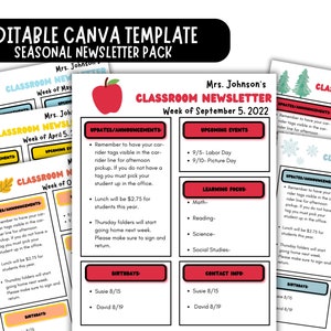 Seasonal Newsletter Template, Editable Newsletter Template, Classroom Newsletter, School Newsletter