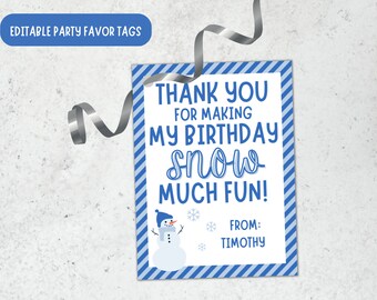 Birthday Party Party Favor Tags, Thank You For Making My Party Snow Much Fun Tags, Party Favor Tags