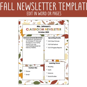 Editable Fall Classroom Newsletter Template, Teacher Newsletter Template, Word/Pages Newsletter