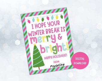Merry and Bright Gift Tag, Teacher Gift Tag, Student Class Gift Tag, Christmas Gift Tag, Holiday Gift Tag, Student Holiday Card