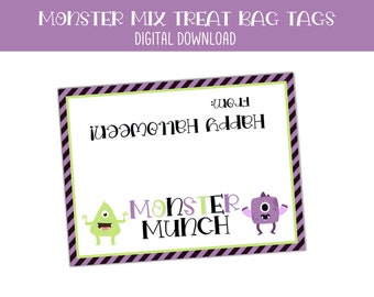 May include: Printable Halloween treat bag tags with a purple, black, and green striped border. The tags feature a green monster with one eye and a purple monster with one eye. The text on the tag reads "Happy Halloween!" and "Monster Munch".