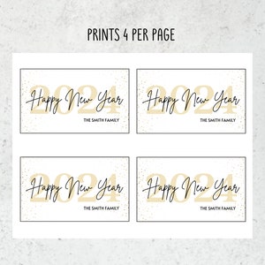 May include: Four printable cards with a gold 2024 and the text "Happy New Year" in black script. Each card has the text "The Smith Family" below the greeting.