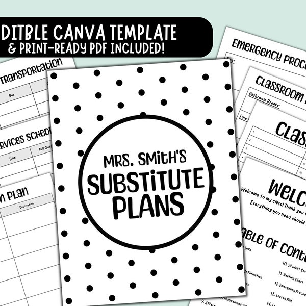 Editable Substitute Teacher Binder Template,  Sub Binder Template, Substitute Plans