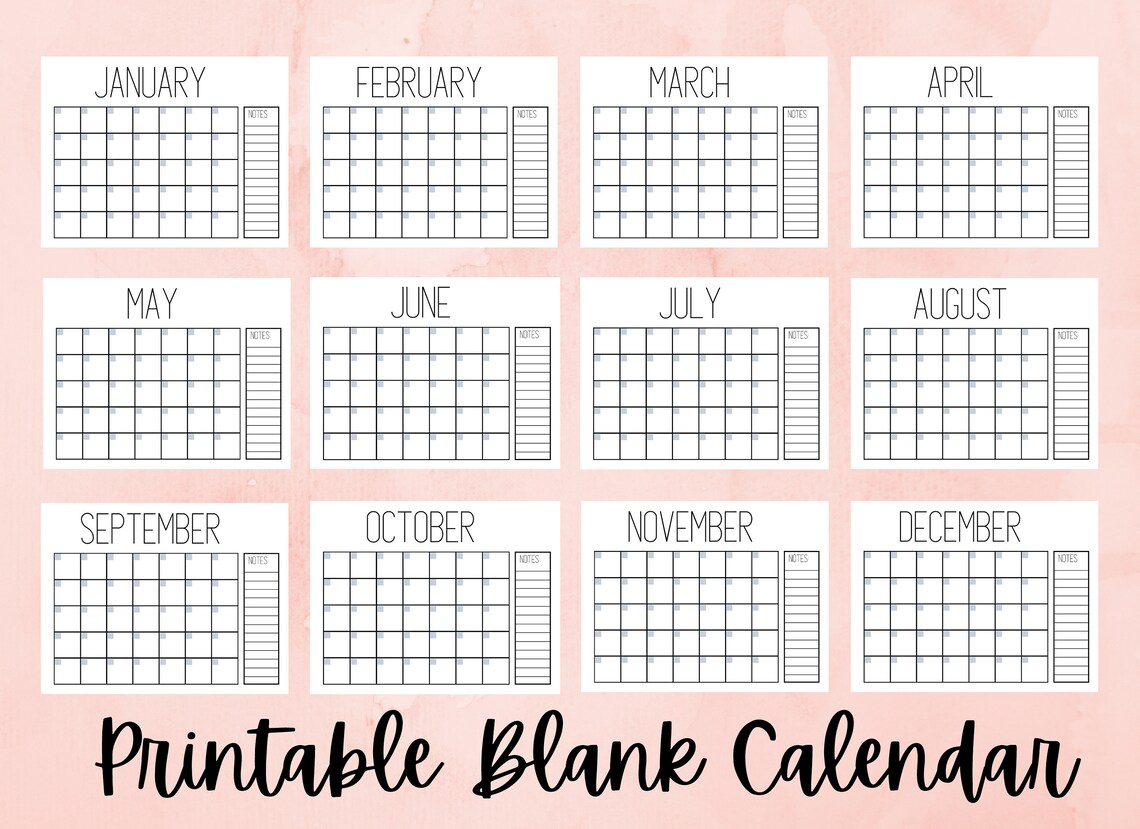 Printable Blank Calendar, Minimal Calendar Undated With Notes, Monthly ...