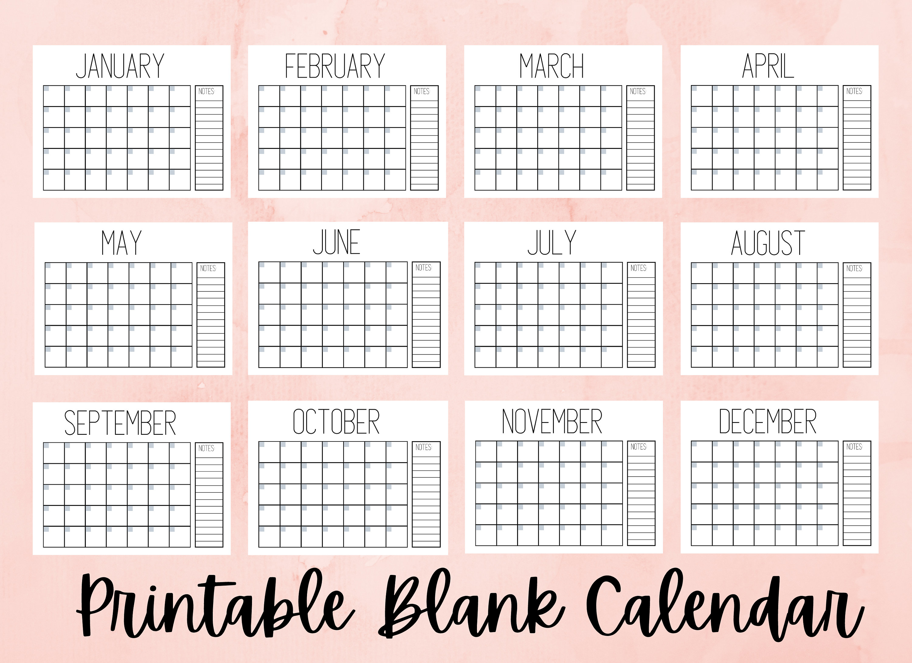 Printable Blank Calendar, Minimal Calendar Undated With Notes, Monthly ...