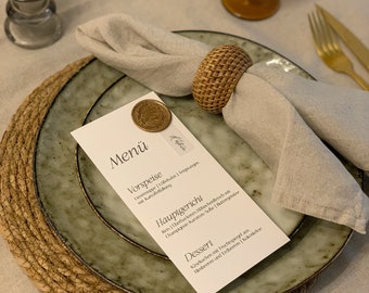 Minimalist Name Menu Card for Weddings | with wax seal | Menu card with place card | Menu with name card