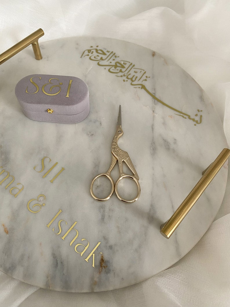 Engagement Set engagement tray marble tray Velvet ring box golden scissors personalisable image 6