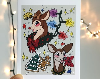 Kitsch Reindeer & Gingerbread Cookies Christmas Card | empty greeting card | Happy winter holidays