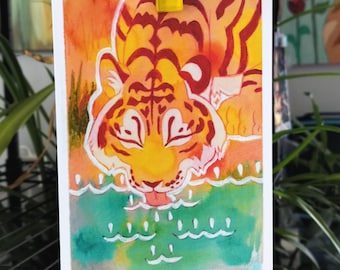 Colorful Tiger Painting 5 x 7 inch Art Print | watercolor, mixed media