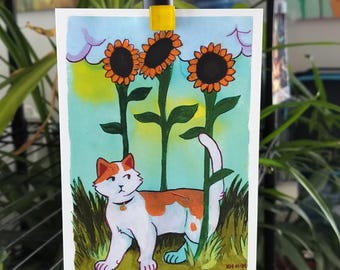 Cat in Sunflowers Art Print: Watercolor & Acrylic (5x7 inch)