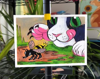 Funny Cat & Bee 5 x 7 inch Art Print | watercolor, acrylic, mixed media