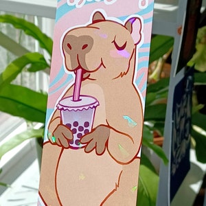Holographic Capybara Boba Tea Bookmark