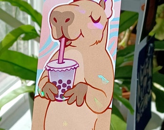 Cute Holographic Capybara Boba Tea Bookmark - おいしい !