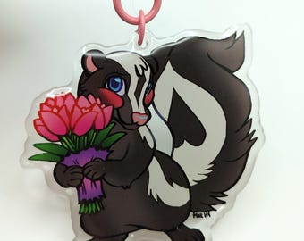 Skunk with Tulips Keychain: Double Sided Epoxy Acrylic Charm