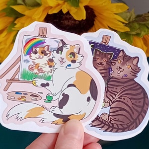 Cute cat painter artist sticker | Calico & tabby | Matte vinyl
