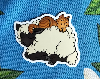 Cozy Sleepy Sheep & Cat Sticker | Gloss vinyl sticker