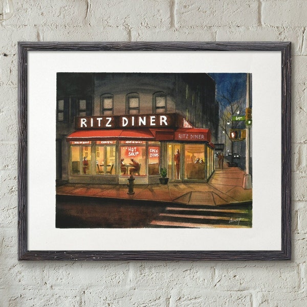 Ritz Diner After Dark - Watercolor 8x10 11x14 16x20 Giclee Print Classic New York City Diner, Upper East Side, Manhattan NYC