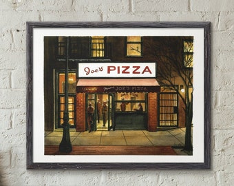 Famous Joe’s Pizza After Dark : Une aquarelle de New York imprimée 8x10 11x14 Giclee Print Classic New York City, West Village Pizzeria, Manhattan