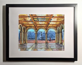 Central Park Fountain Bethesda Terrace - New York City Travel Art Print 8x10 11x14 16x20 Giclee