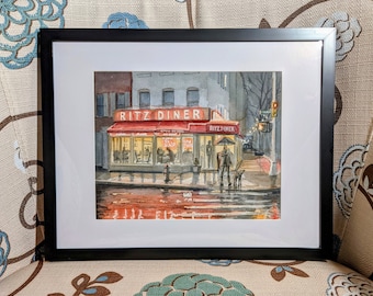 The Rainy Ritz NYC Diner - Watercolor 8x10 11x14 16x20 Giclee Print Classic New York City Diner, Upper East Side, Manhattan